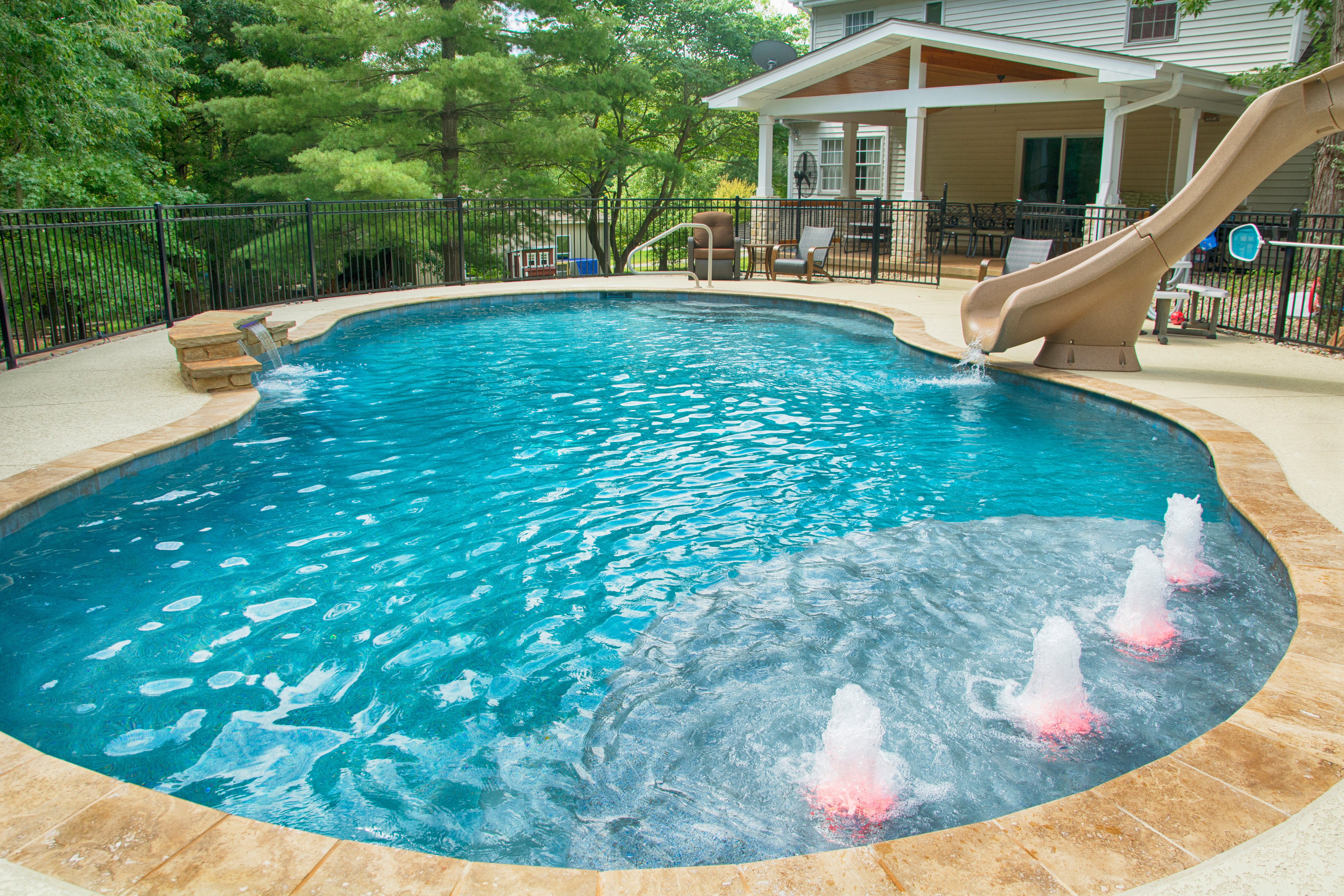 freeform, gunite pool with sheers, bubblers, and slide